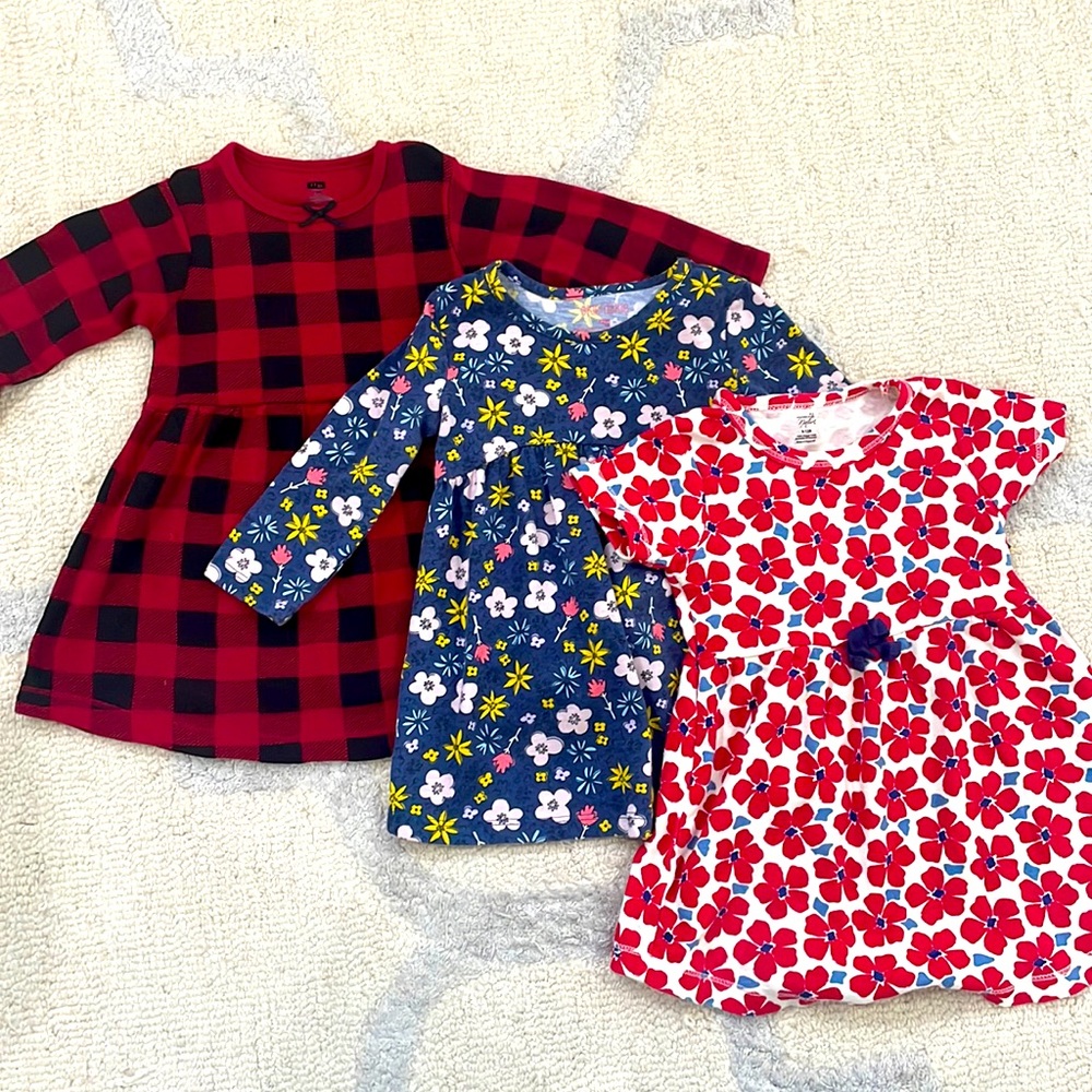 Set of 3 girl dresses. Range in size from 9-12mo, 12mo and 18m